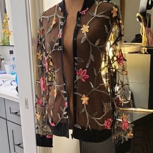 Floral Embroidered Sheer Bomber Jacket